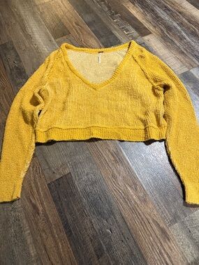 Free People Mustard Yellow Cropped V-Neck Sweater